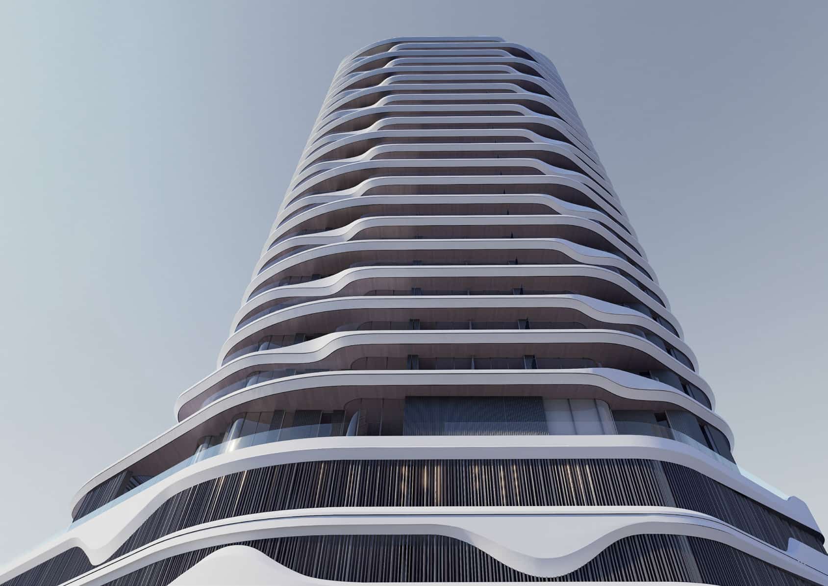 Modern exterior view of Flow25 Abu Dhabi showcasing sleek high-rise façade, panoramic sea outlook, and luxury waterfront lifestyle.