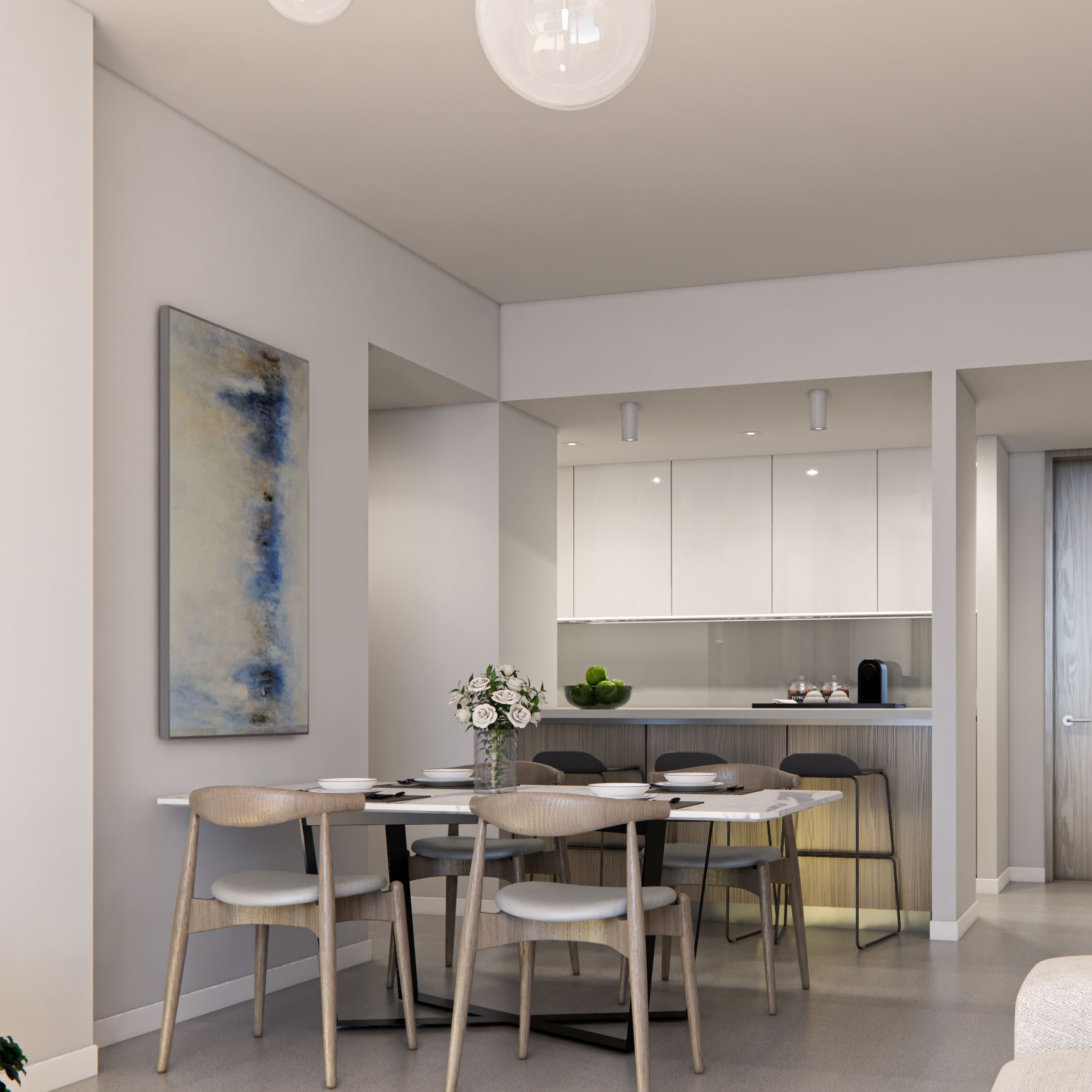 Spacious dining and kitchen areas within Marlin Reportage residences on Al Reem Island.