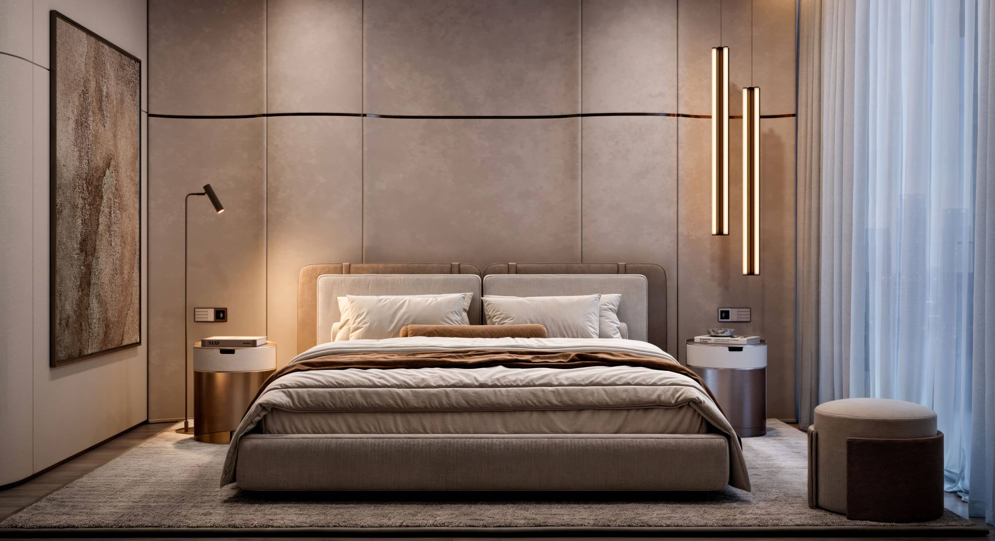 Luxury bedroom interior at SAAS Heights Abu Dhabi apartments Al Reem Island featuring elegant furnishings and floor-to-ceiling windows.